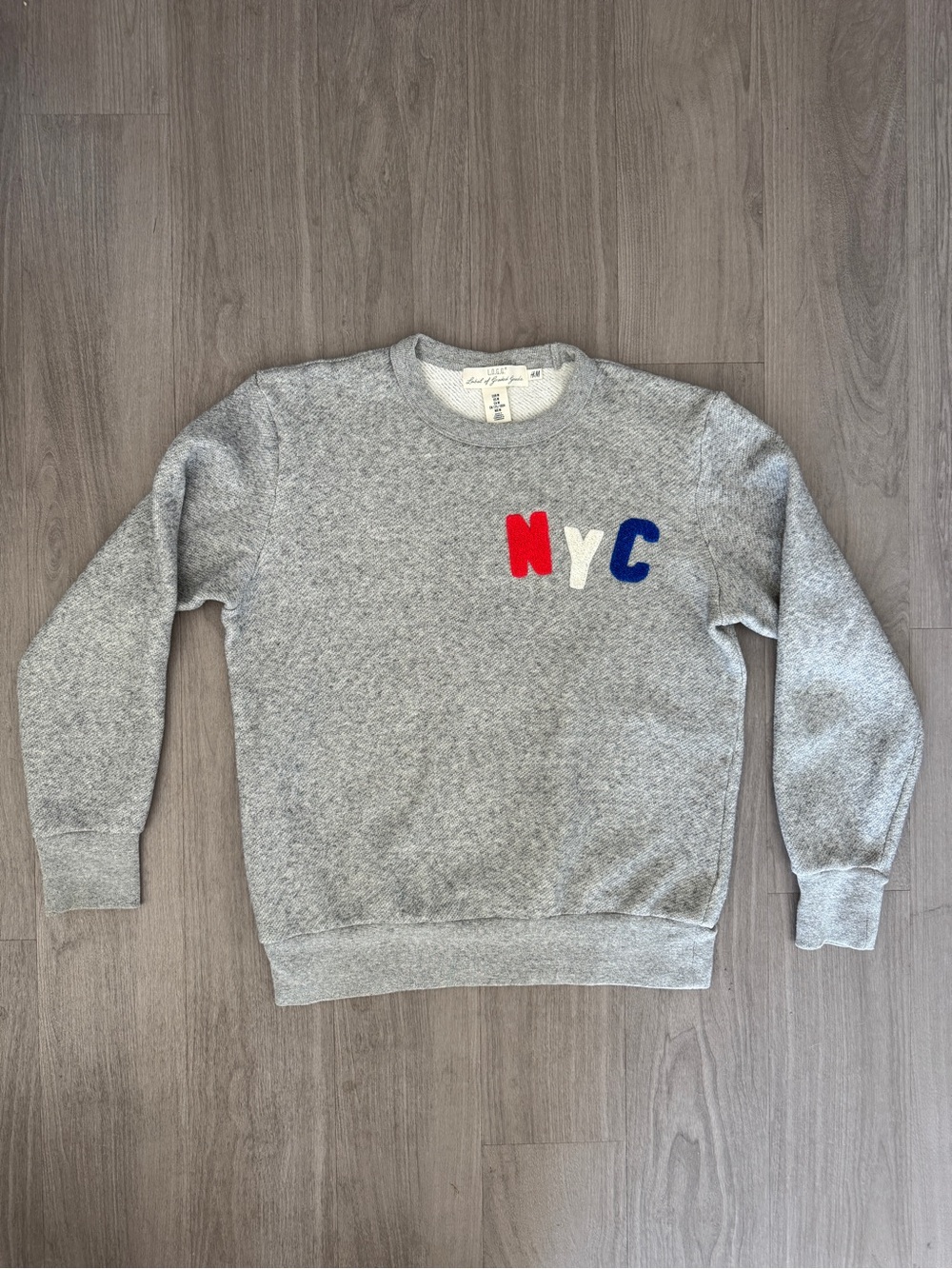 Grey Crewneck Sweater with Red White Blue NYC Patch